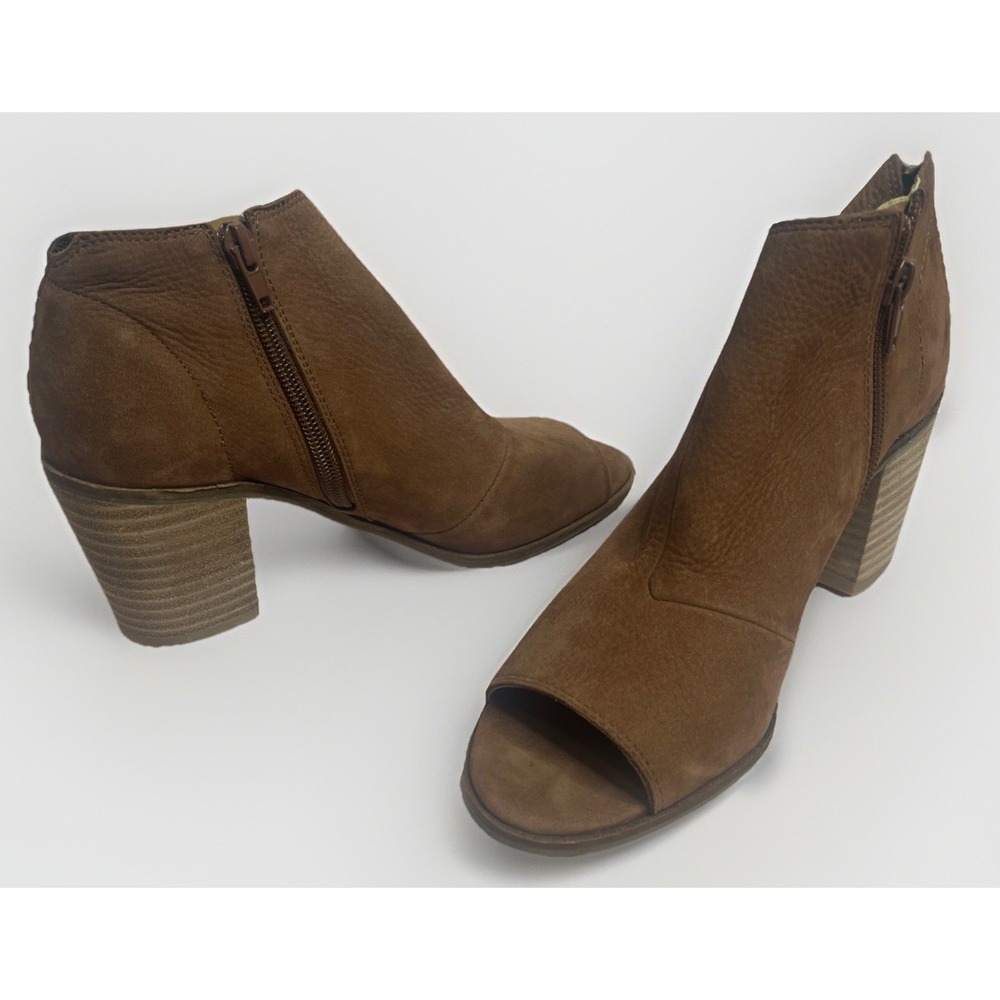 Lucky Brand Women's 7 Ankle Boots Tan Brown Suede Side Zip Peep Toe Block Heel